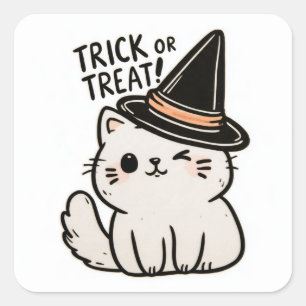 Pegatina Cuadrada ¡Truco o trato! - Gato blanco con sombrero 1