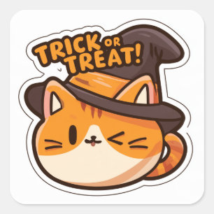 Pegatina Cuadrada ¡Truco o trato! - Gato con sombrero 1