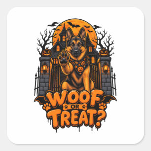 Pegatina Cuadrada Truco o Trato Pastor Alemán Halloween Perro Divert