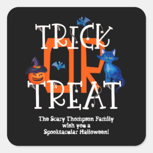 Pegatina Cuadrada Truco o trato Script Halloween Party Name Black