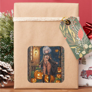 Pegatina Cuadrada Truco o Trato, Valiente Niña con Disfraz de Hallow