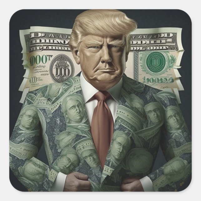 Pegatina Cuadrada Trump con dinero: un símbolo de riqueza y poder (Anverso)