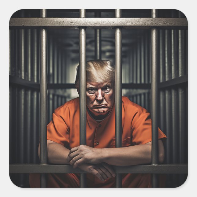 Pegatina Cuadrada Trump en la cárcel (Anverso)