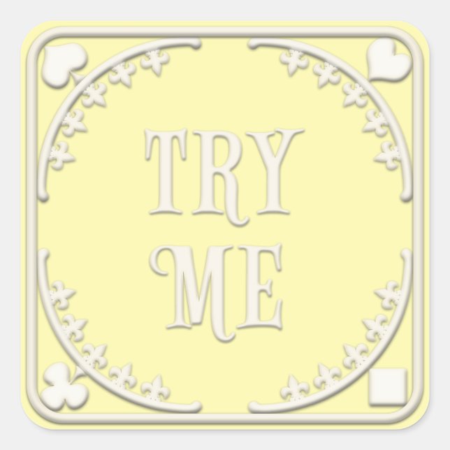 Pegatina Cuadrada "Try Me" Wonderland Tea Fiesta Whimsical Yellow (Anverso)