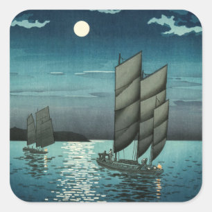 Pegatina Cuadrada Tsuchiya Koitsu - Barcos en Shinagawa, noche