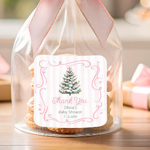 Pegatina Cuadrada Tú de Navidad Rosa Invierno Baby Shower Gracias