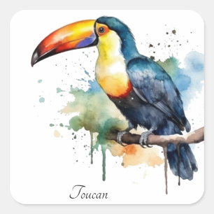 Pegatina Cuadrada Tucán en rama arte acuarela, personalizado