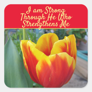 Pegatina Cuadrada Tulipán Rojo Amarillo Floral Dios Cita Soy Fuerte