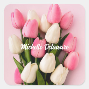 Pegatina Cuadrada Tulipanes de nombre personalizado sobre rosa