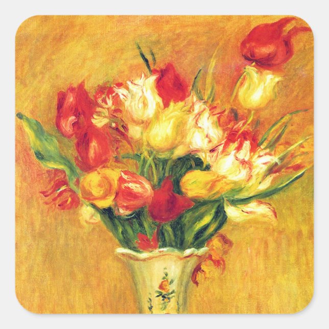 Pegatina Cuadrada Tulipanes de Pierre Renoir, arte del impresionismo (Anverso)