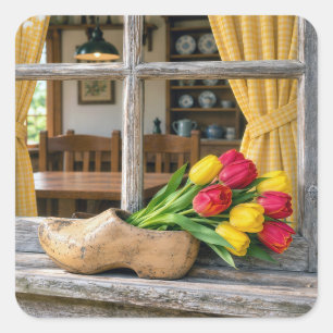 Pegatina Cuadrada Tulipanes de primavera en un zapato de madera hola