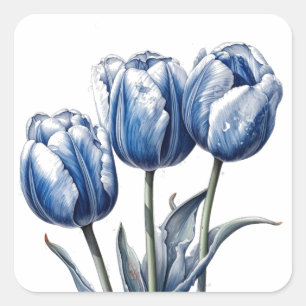 Pegatina Cuadrada Tulipanes en azul de Delft