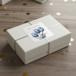 Pegatina Cuadrada Tulipanes en Azul de Delft, personalizables