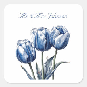 Pegatina Cuadrada Tulipanes en azul Delft, personalizable