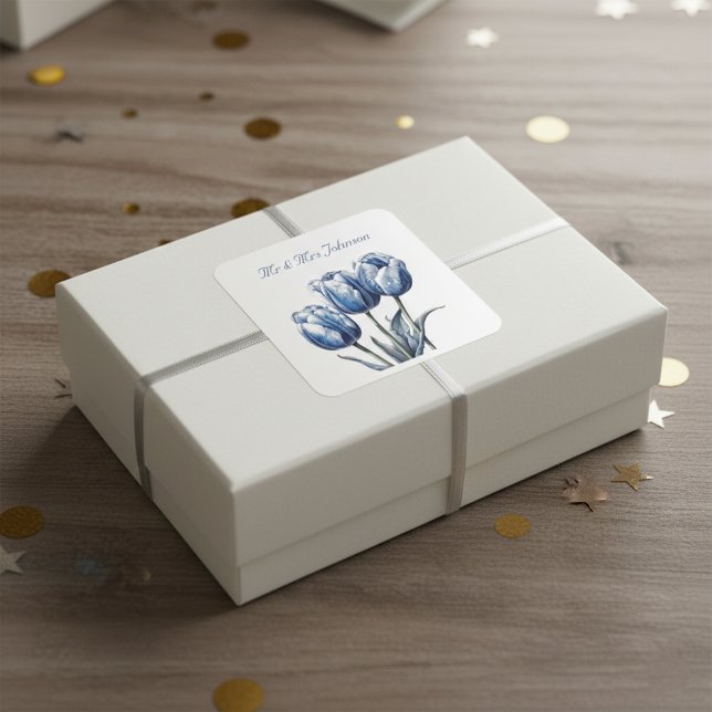 Pegatina Cuadrada Tulipanes en azul Delft, personalizable (Subido por el creador)