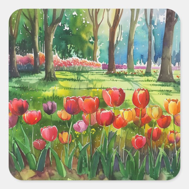 Pegatina Cuadrada Tulipanes en el parque (Anverso)