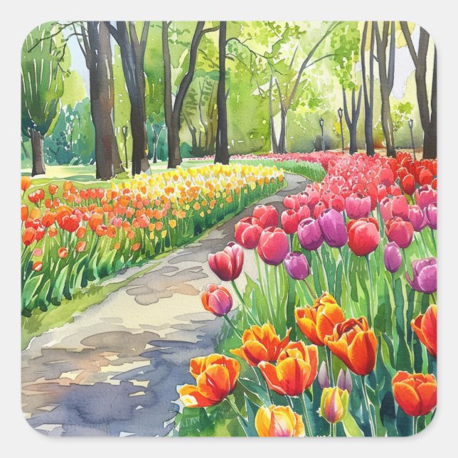 Pegatina Cuadrada Tulipanes en el parque (Anverso)