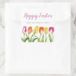 Pegatina Cuadrada Tulipanes Florales Rosa Chic Feliz Pascua