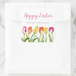 Pegatina Cuadrada Tulipanes Florales Rosa Chic Feliz Pascua