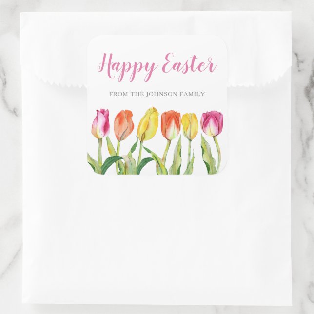 Pegatina Cuadrada Tulipanes florales rosados de moda Feliz Pascua (Bolso)