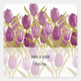 Pegatina Cuadrada Tulipanes morados modernos acuarela arte