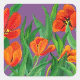 Pegatina Cuadrada Tulipanes rojos en morado