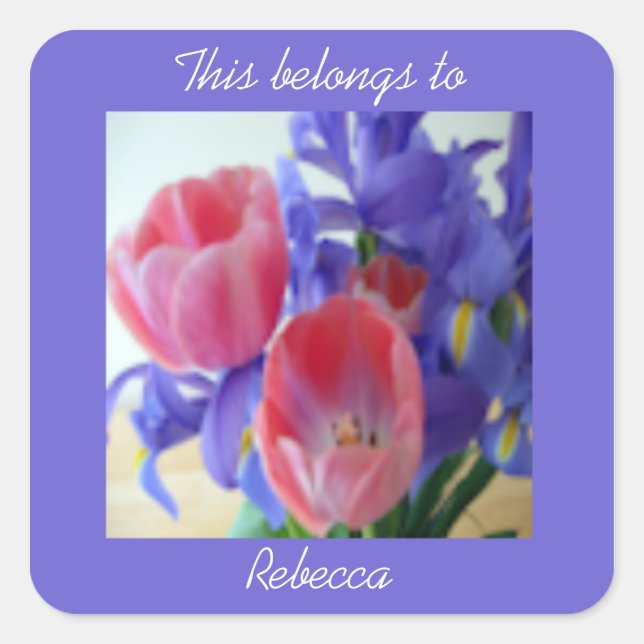 Pegatina Cuadrada Tulipanes Rosados Y Personalizado Iris Morado (Anverso)
