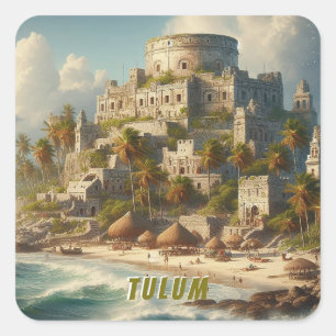 Pegatina Cuadrada Tulum México Paisaje Vintage Viaje