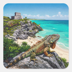 Pegatina Cuadrada Tulum Mexico Viaja Iguana