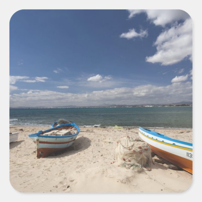 Pegatina Cuadrada Túnez, Cap Bon, Hammamet, barcos pesqueros en (Anverso)