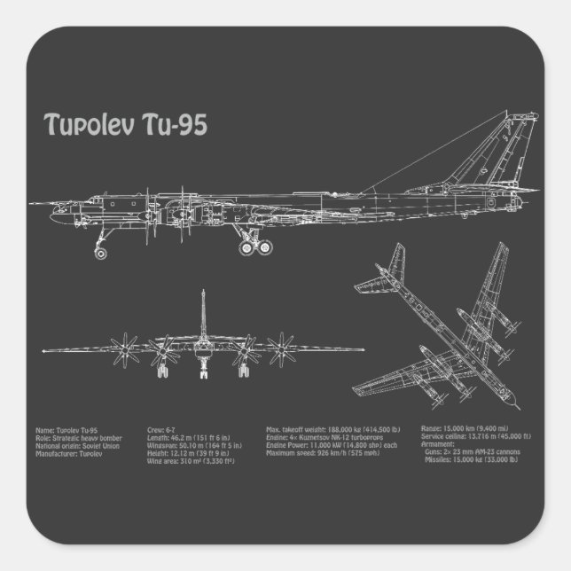 Pegatina Cuadrada Tupolev Tu-95 - Planes Blueprint del avión PD (Anverso)