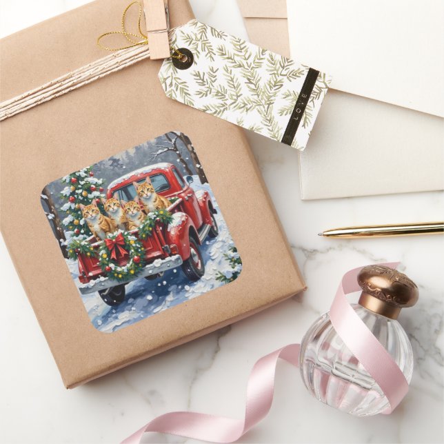 Pegatina Cuadrada Turkish Angora Cat Christmas Red Truck Holiday (Regalar)