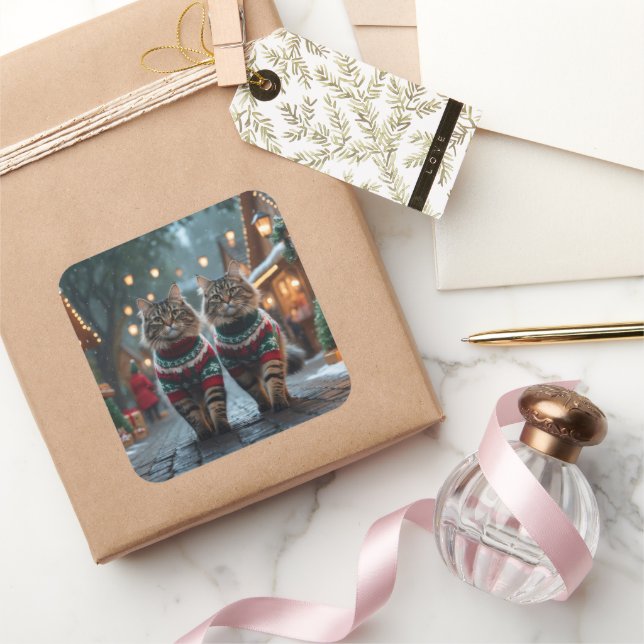 Pegatina Cuadrada Turkish Angora Cats Christmas Snow Holiday (Regalar)