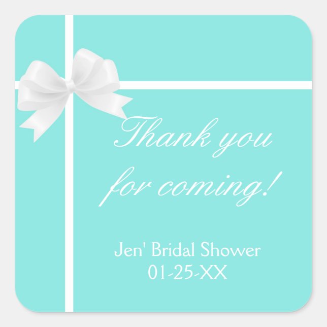 Pegatina Cuadrada Turquesa Azul Diamante Bow Bridal Shower Favor (Anverso)