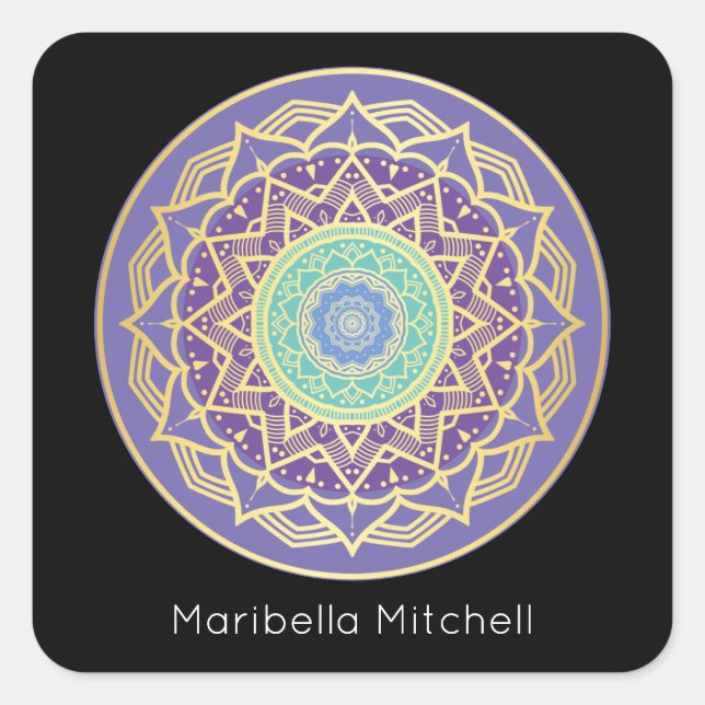 Pegatina Cuadrada Turquesa Indigo y Purple Gold Mandala Square S (Anverso)