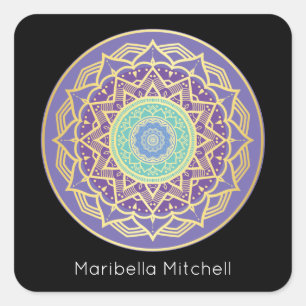 Pegatina Cuadrada Turquesa Indigo y Purple Gold Mandala Square S