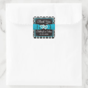 Pegatina Cuadrada Turquesa, negro Damask Amor Corazones de matrimoni