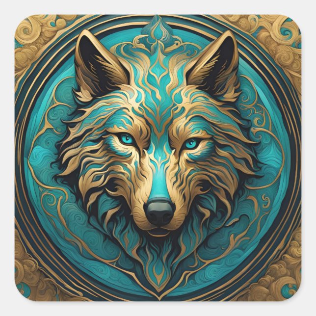 Pegatina Cuadrada Turquesa y lobo de oro (Anverso)
