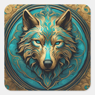 Pegatina Cuadrada Turquesa y lobo de oro