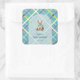 Pegatina Cuadrada Turquoise Plaid Teddy Bear Boy Baby Shower