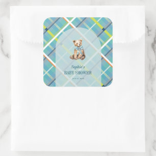 Pegatina Cuadrada Turquoise Plaid Teddy Bear Boy Baby Shower