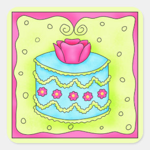 Pegatina Cuadrada Turquoise Rosa Happy Birday Cake
