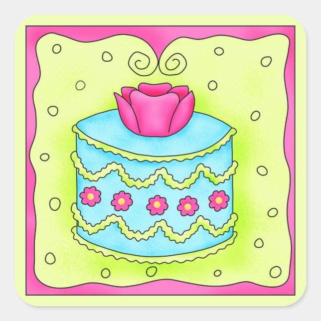 Pegatina Cuadrada Turquoise Rosa Happy Birday Cake (Anverso)
