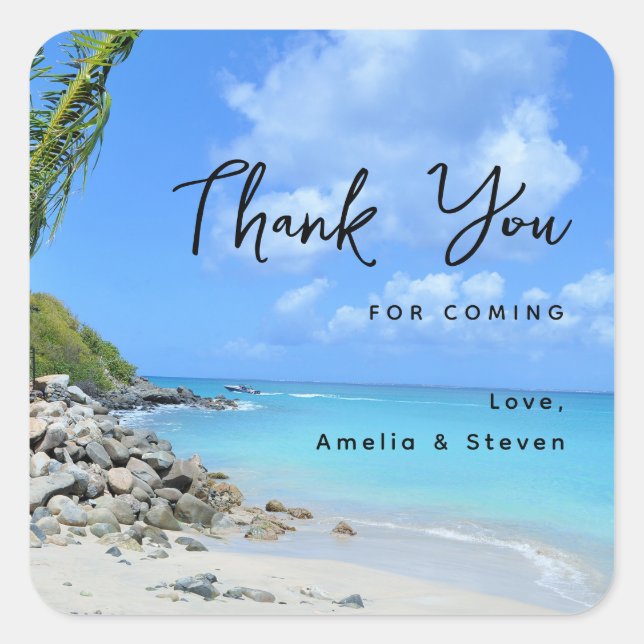 Pegatina Cuadrada Turquoise Tropical Beach Wedding Thank You (Anverso)