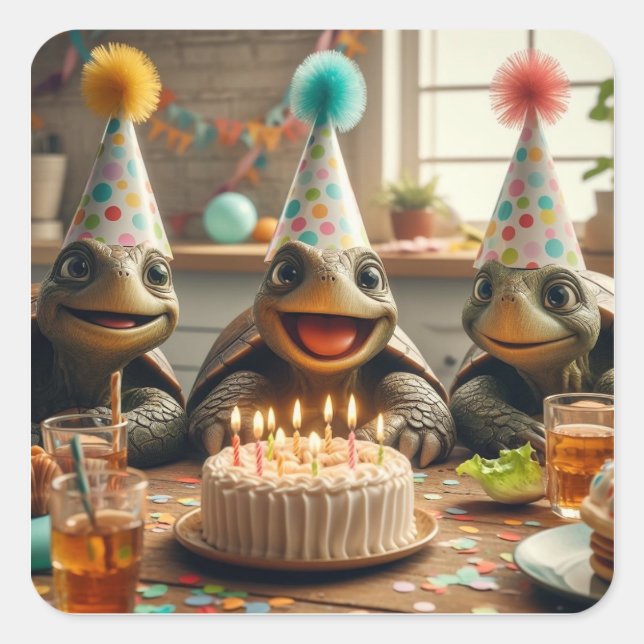 Pegatina Cuadrada Turtles celebrating birthday with cake and hats (Anverso)