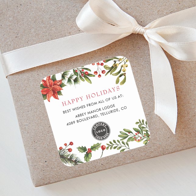 Pegatina Cuadrada Tus Navidades de logotipos de empresas Berries roj (Business Logo Botanical Red Berries Happy Holidays Christmas Square Sticker)