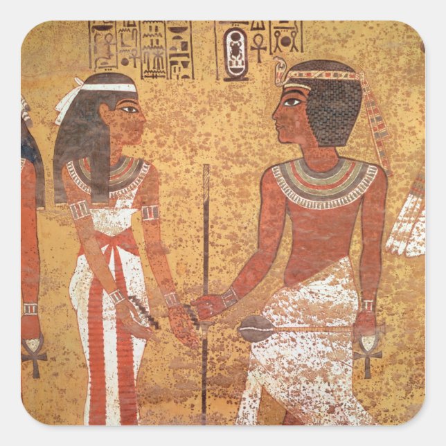 Pegatina Cuadrada Tutankhamun y su esposa, Ankhesenamun (Anverso)