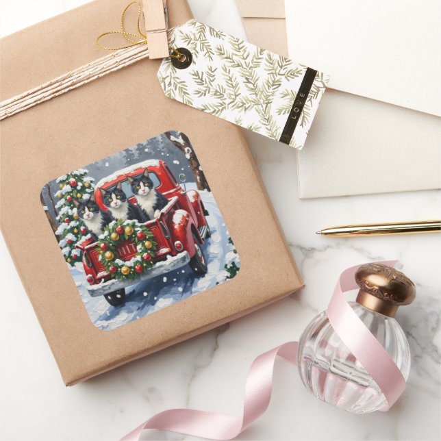 Pegatina Cuadrada Tuxedo Cat Christmas Red Truck Holiday (Regalar)