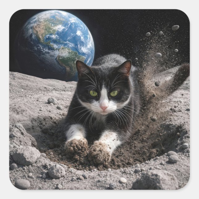 Pegatina Cuadrada Tuxedo Cat Digging a Moon Crater (Anverso)