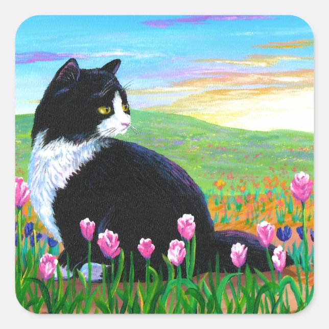 Pegatina Cuadrada Tuxedo Cat Tulips Creationarts (Anverso)